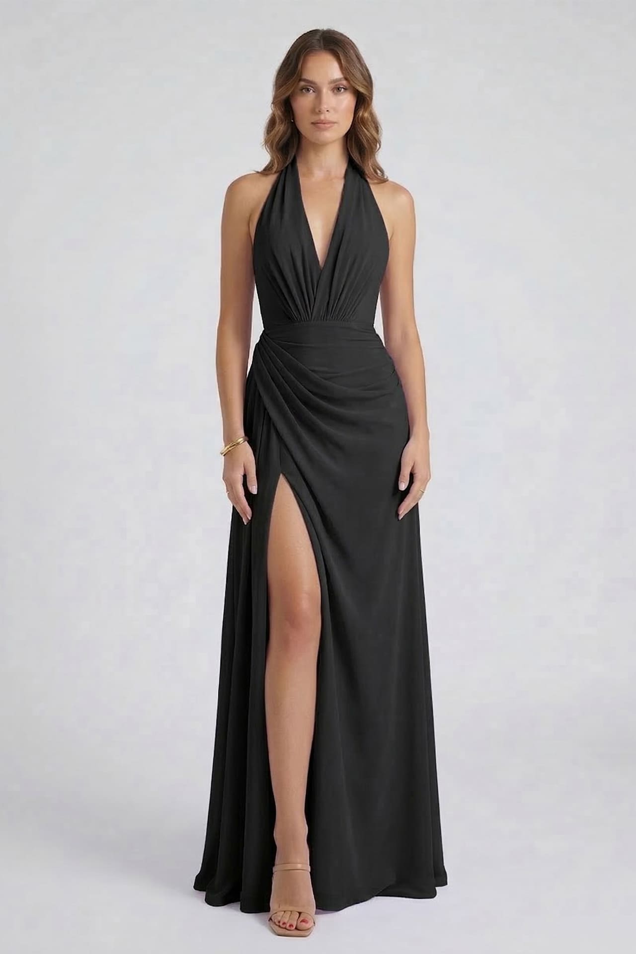 Black Chiffon V-Neck Wedding Guest Maxi Dress with Side Slit