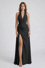 Black Chiffon V-Neck Wedding Guest Maxi Dress with Side Slit