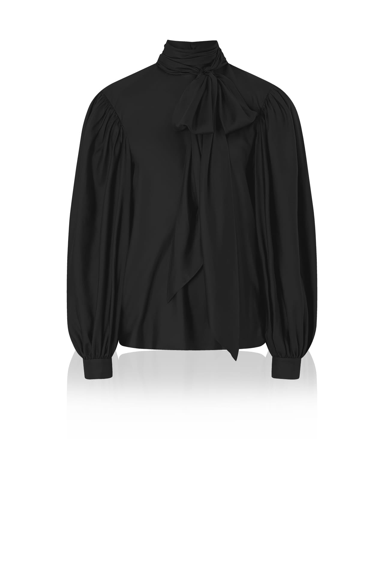 Black Silk Satin-Twill Tie-Neck Blouse