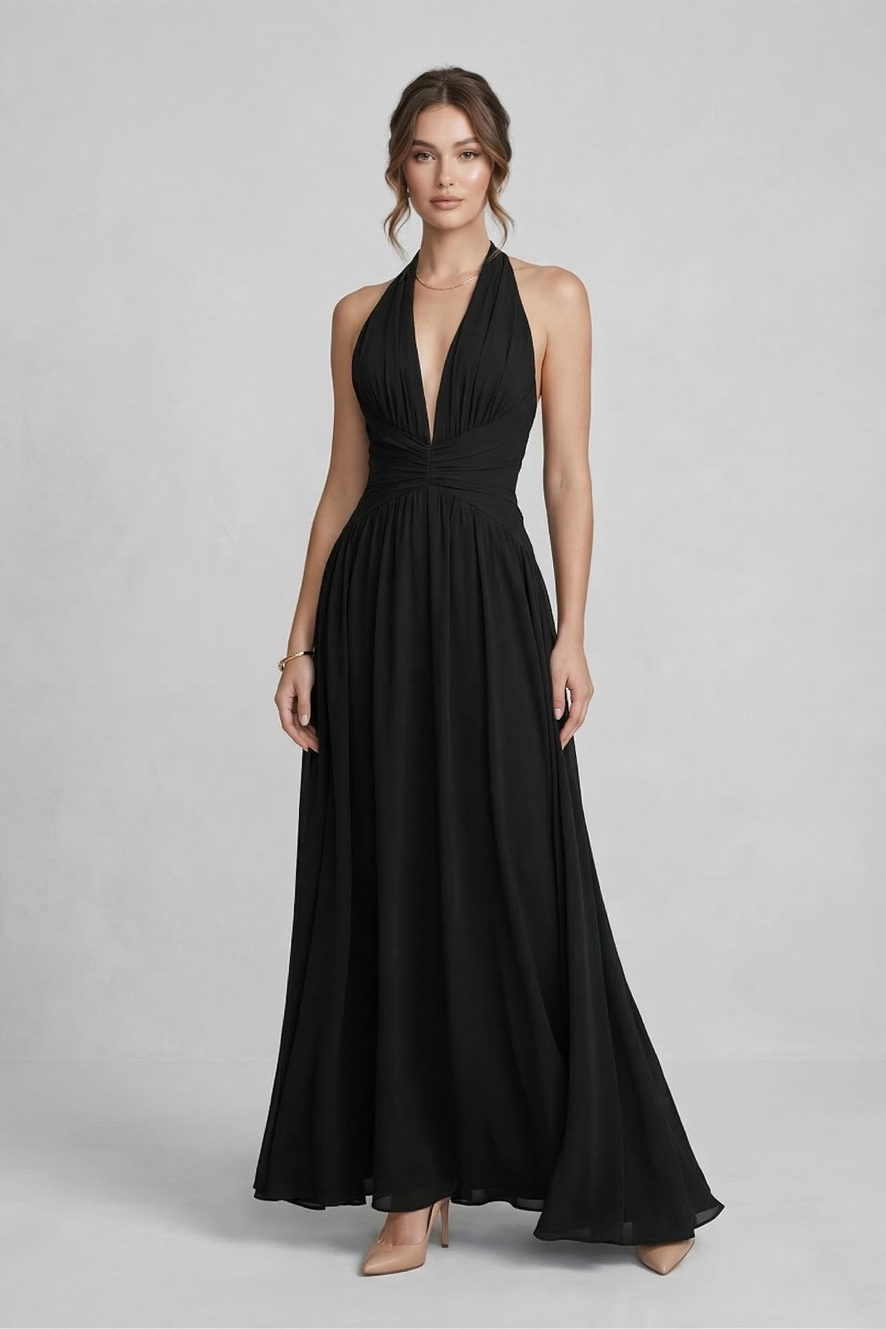 Black Halter V-Neck Chiffon Bridesmaid Maxi Dress – Floor Length Formal Gown