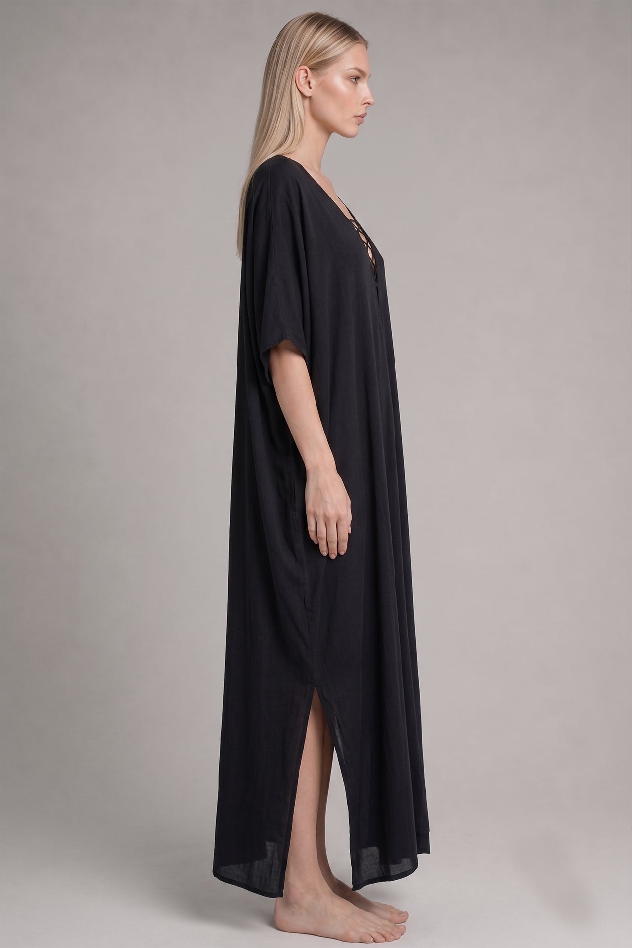 Black Lace-Up V-Neck Kaftan Maxi Dress