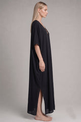 Black Lace-Up V-Neck Kaftan Maxi Dress