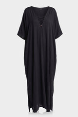 Black Lace-Up V-Neck Kaftan Maxi Dress
