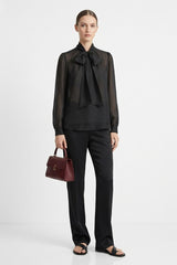 Black Sheer Organza Tie Neck Shirt