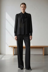 Black Satin Scarf Tie-Neck Blouse
