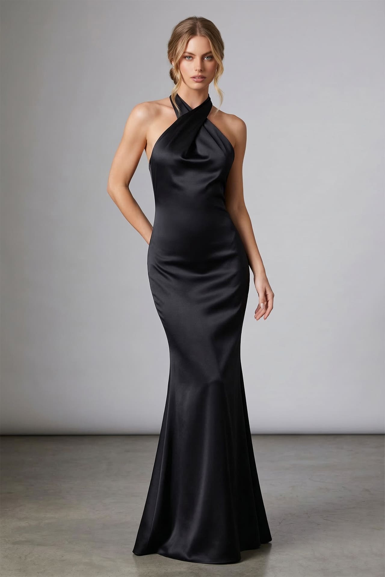 Black Satin High Neck Crisscross Halter Maxi Dress – Elegant Mermaid Formal Gown