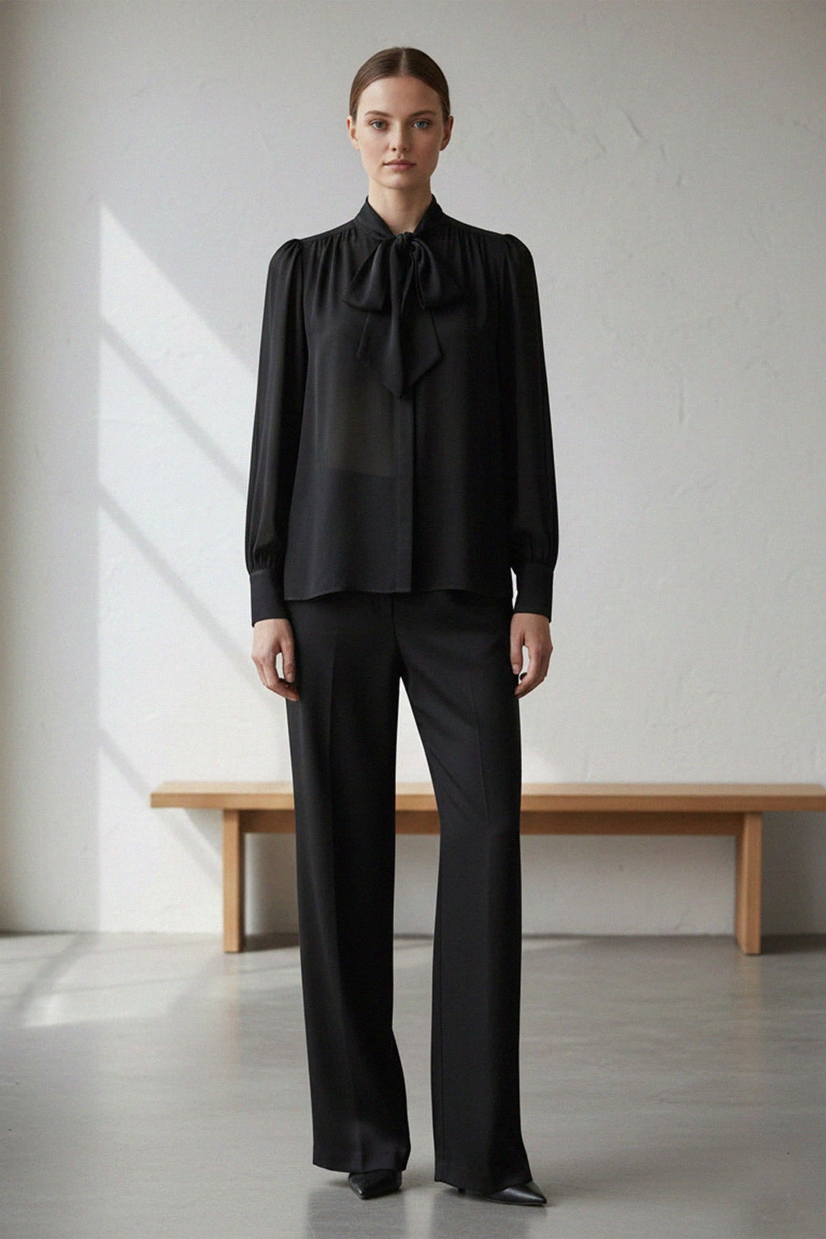 Black Satin Scarf Tie-Neck Blouse