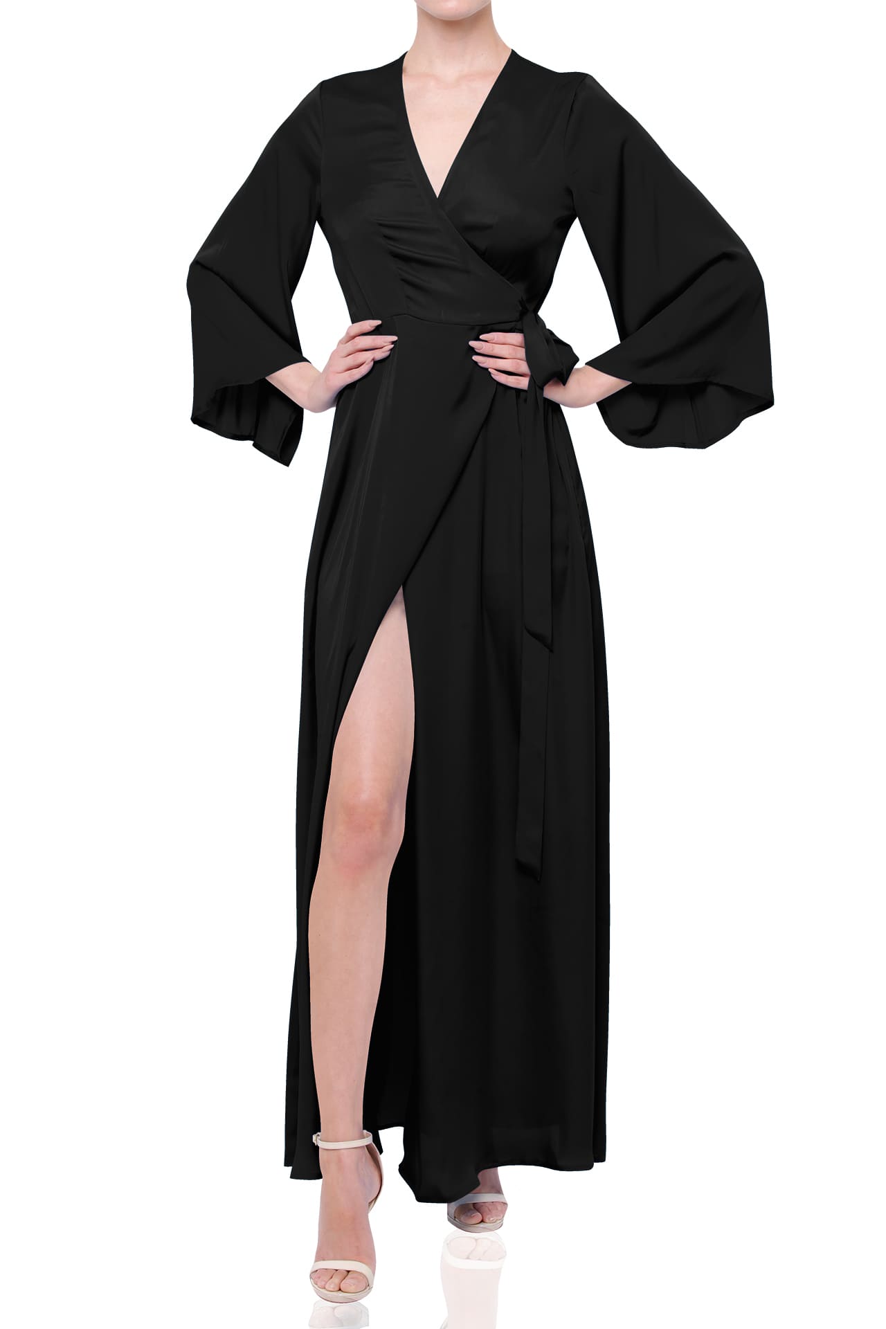 Black Satin Wrap Bridesmaid Dress – Elegant Maxi Bridal Party Dress by Shahida