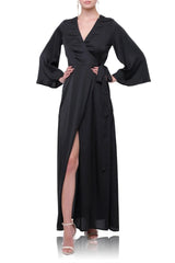 Black Satin Wrap Maxi Dress with High Slit & Balloon Sleeves