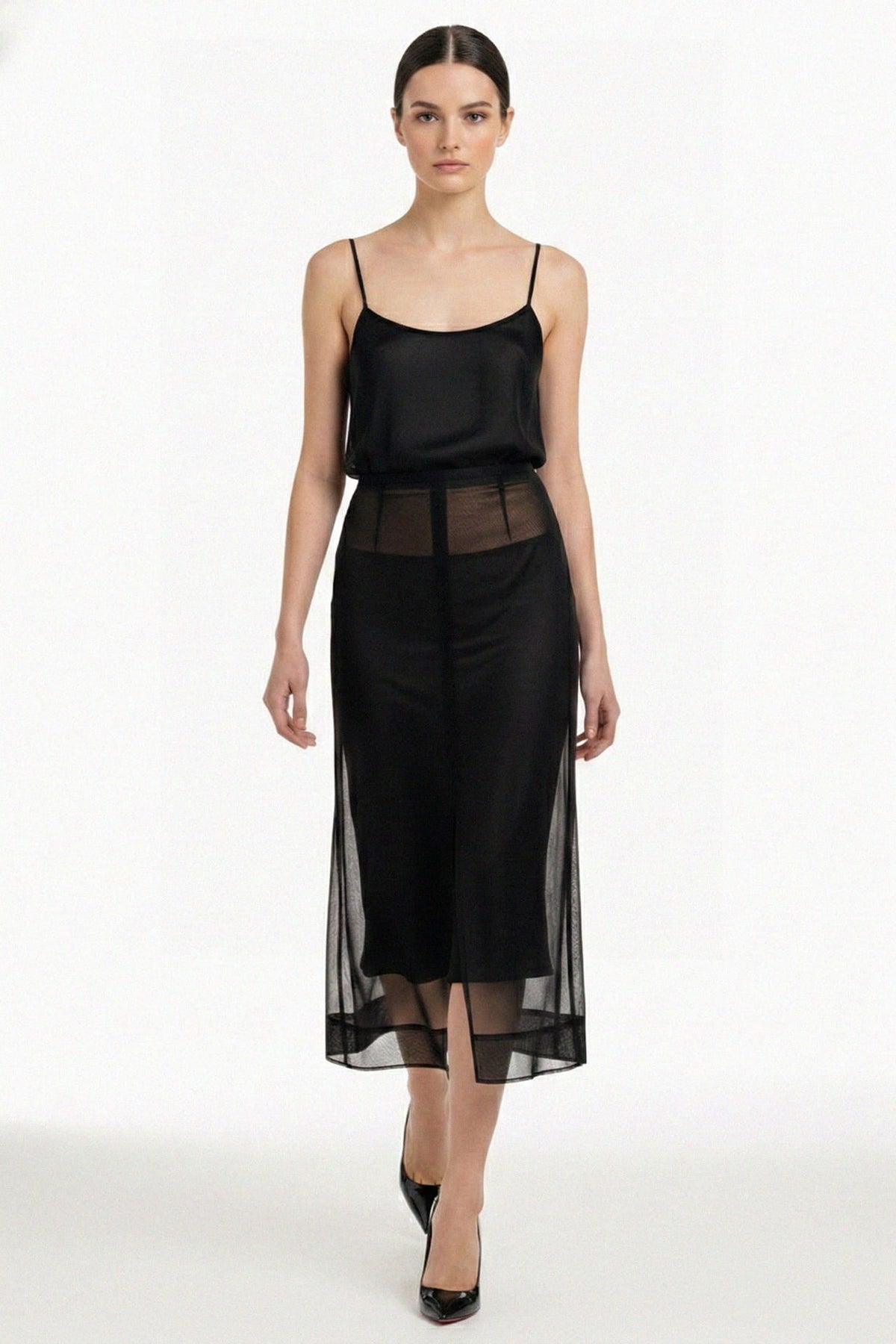 Black Sheer Organza Layered Midi Dress