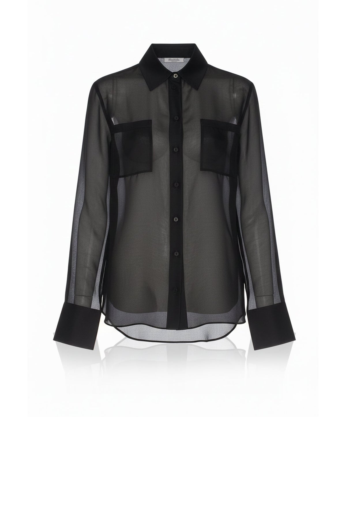 Black Sheer Organza Pocket Button-Up Shirt
