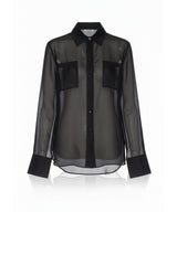 Black Sheer Organza Pocket Button-Up Shirt