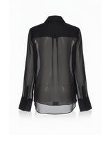 Black Sheer Organza Pocket Button-Up Shirt