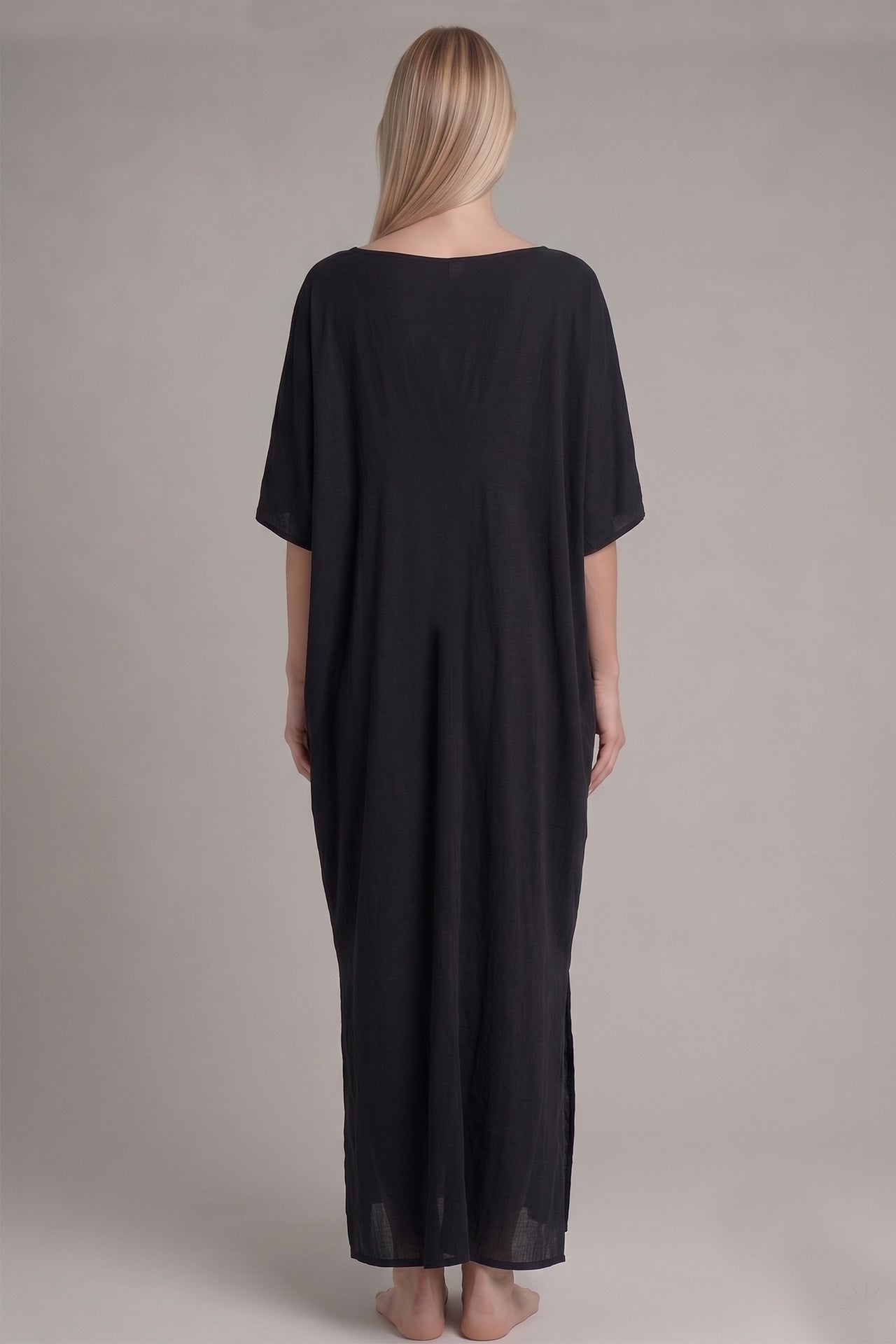 Black Lace-Up V-Neck Kaftan Maxi Dress