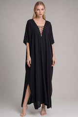 Black Lace-Up V-Neck Kaftan Maxi Dress