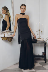 Black Strapless Satin Maxi Dress with Neck Scarf