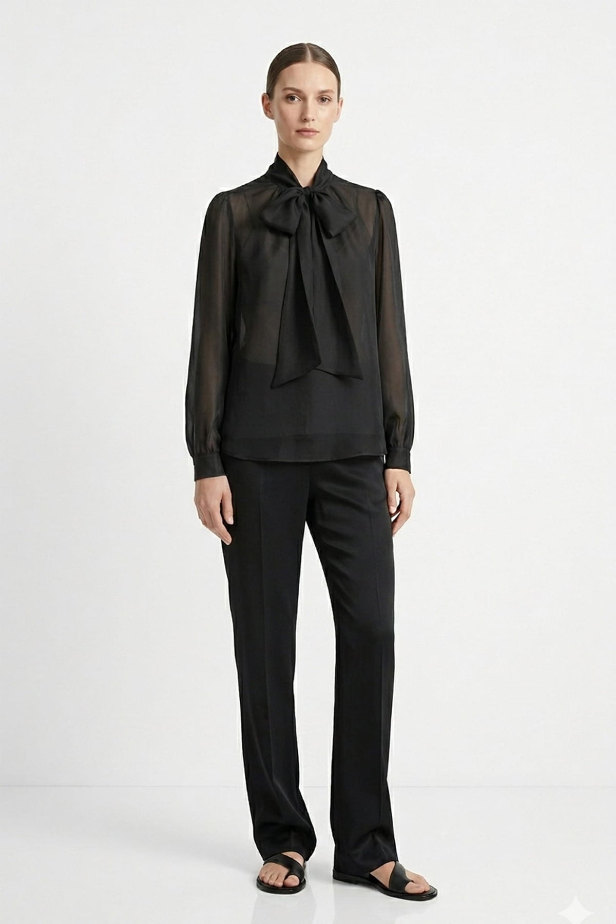 Black Sheer Organza Tie Neck Shirt