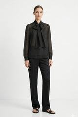 Black Sheer Organza Tie Neck Shirt
