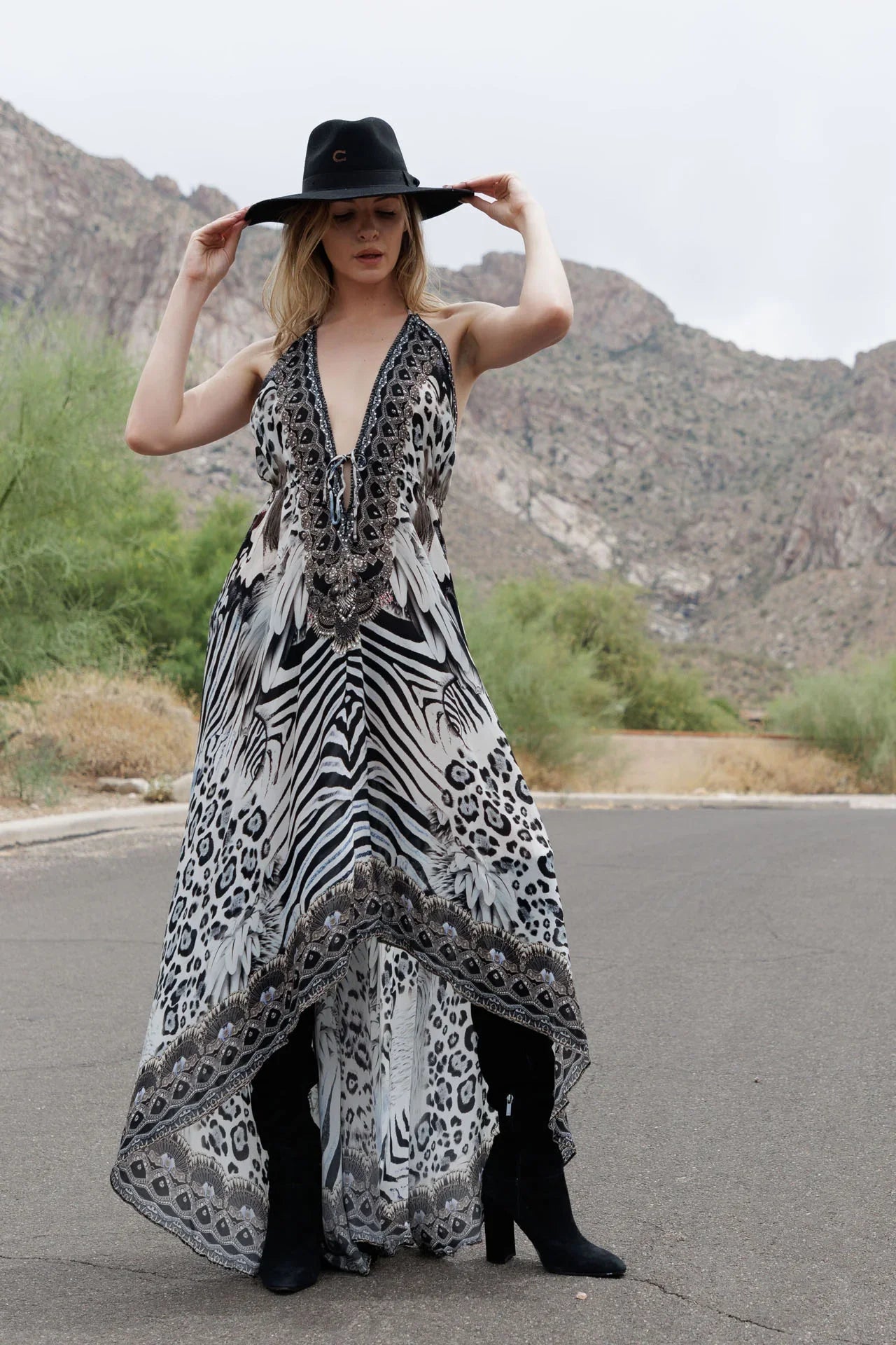 Black & White Animal Print Halter High-Low Maxi Dress