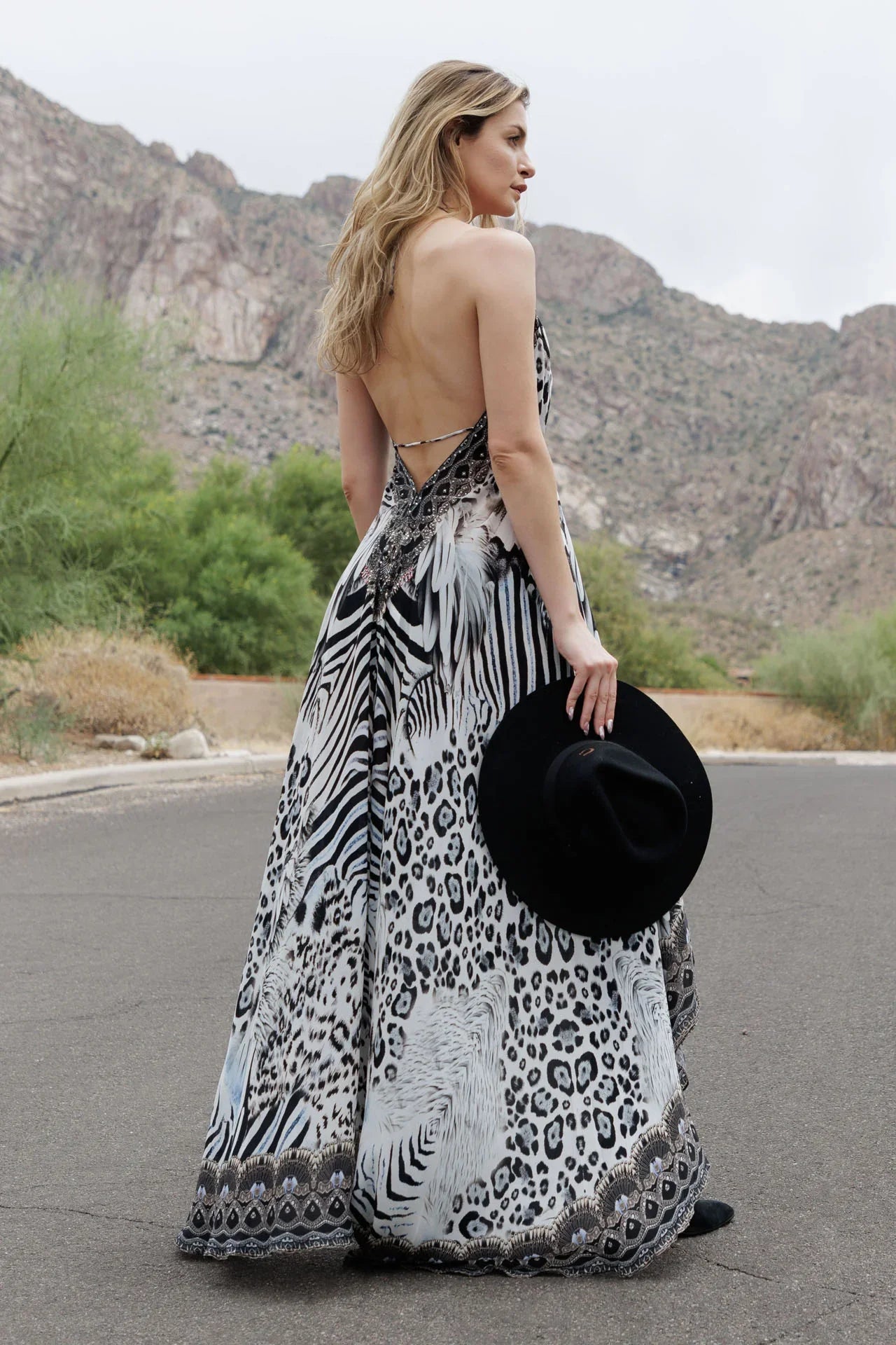Black & White Animal Print Halter High-Low Maxi Dress