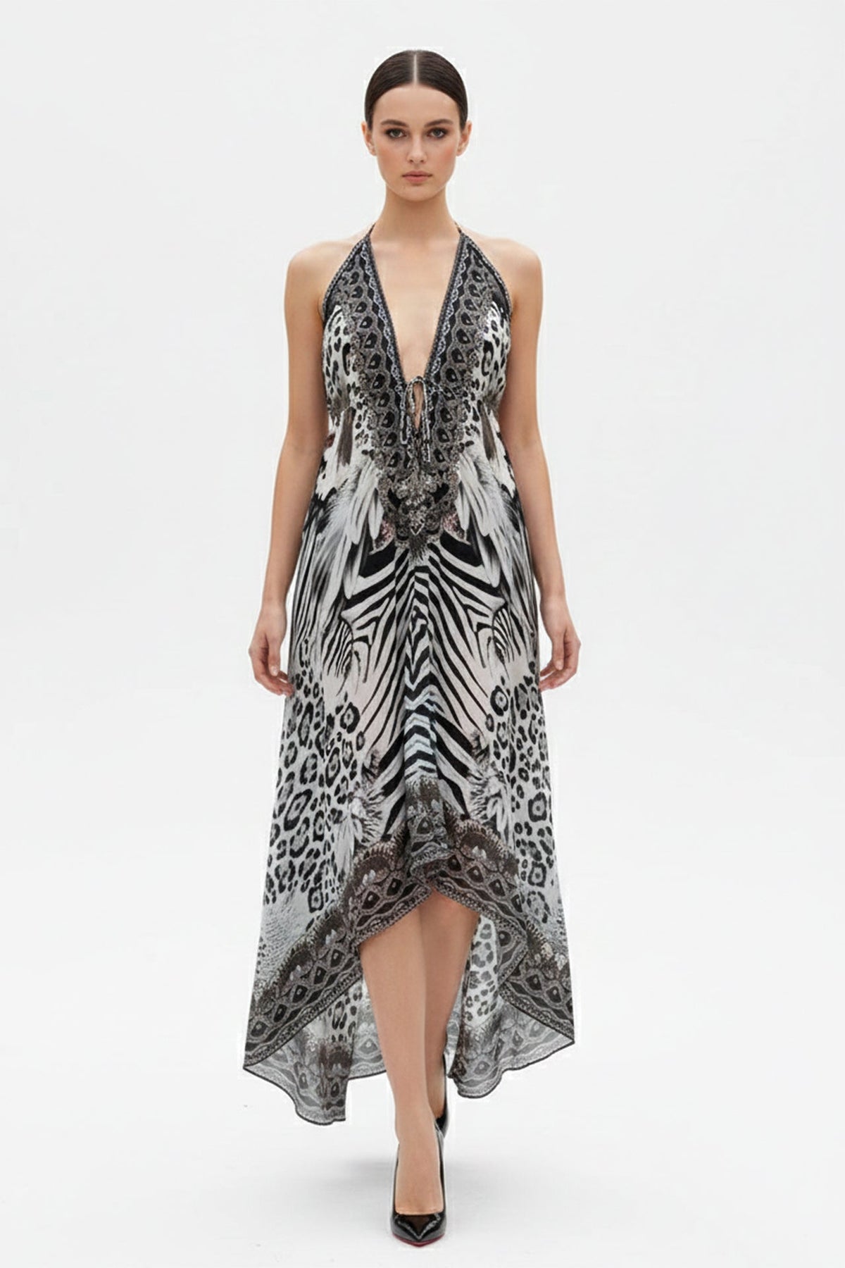 Black & White Animal Print Halter High-Low Maxi Dress