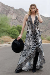 Black & White Animal Print Halter High-Low Maxi Dress