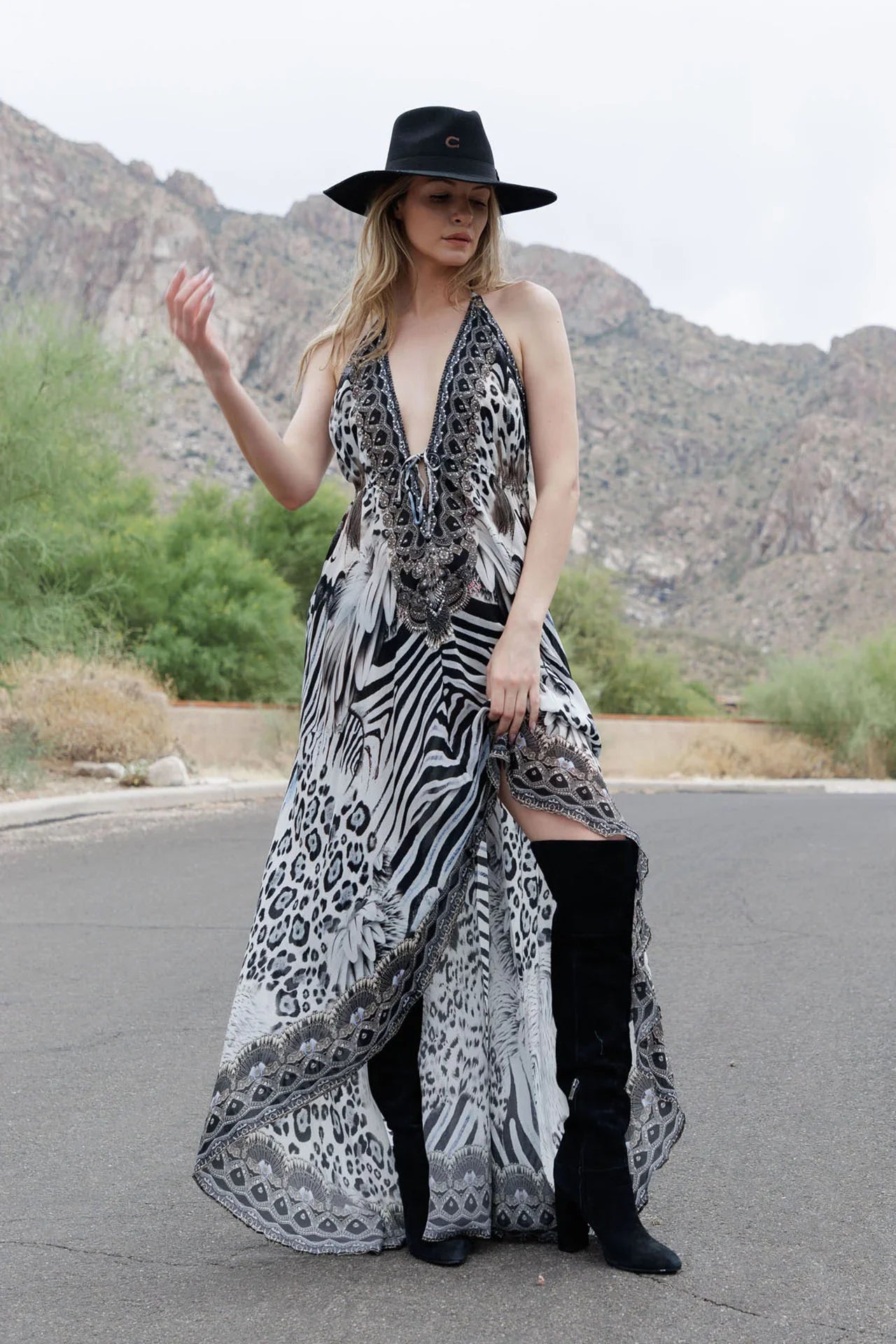 Black & White Animal Print Halter High-Low Maxi Dress