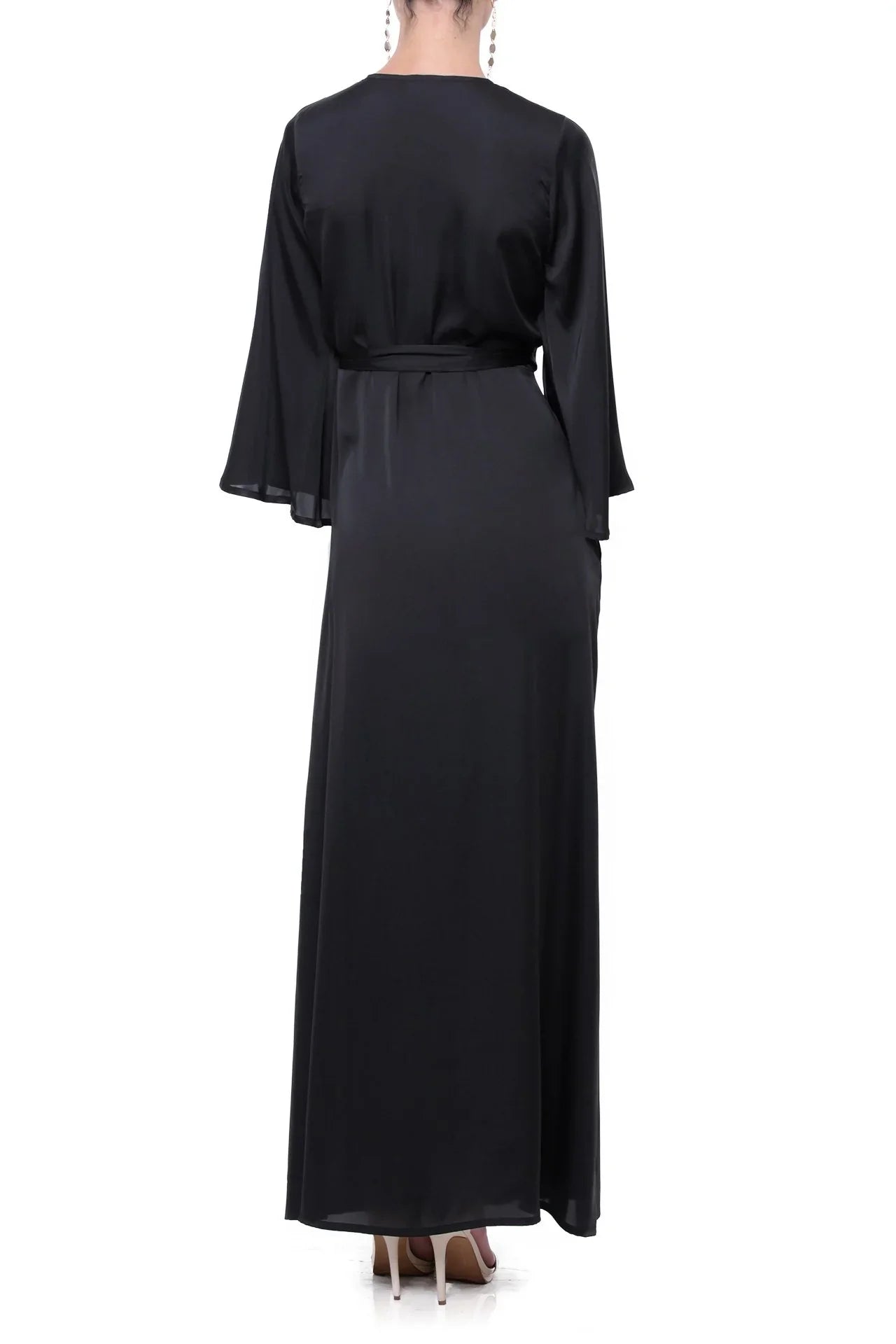Black Satin Wrap Maxi Dress with High Slit & Balloon Sleeves