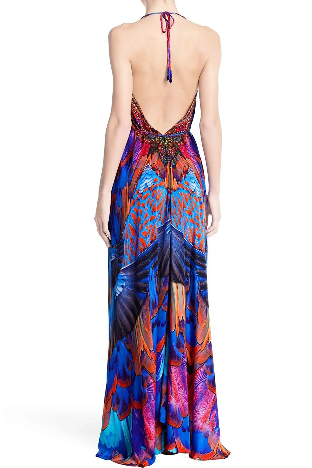Blue & Red Feather Print Halter Maxi Dress