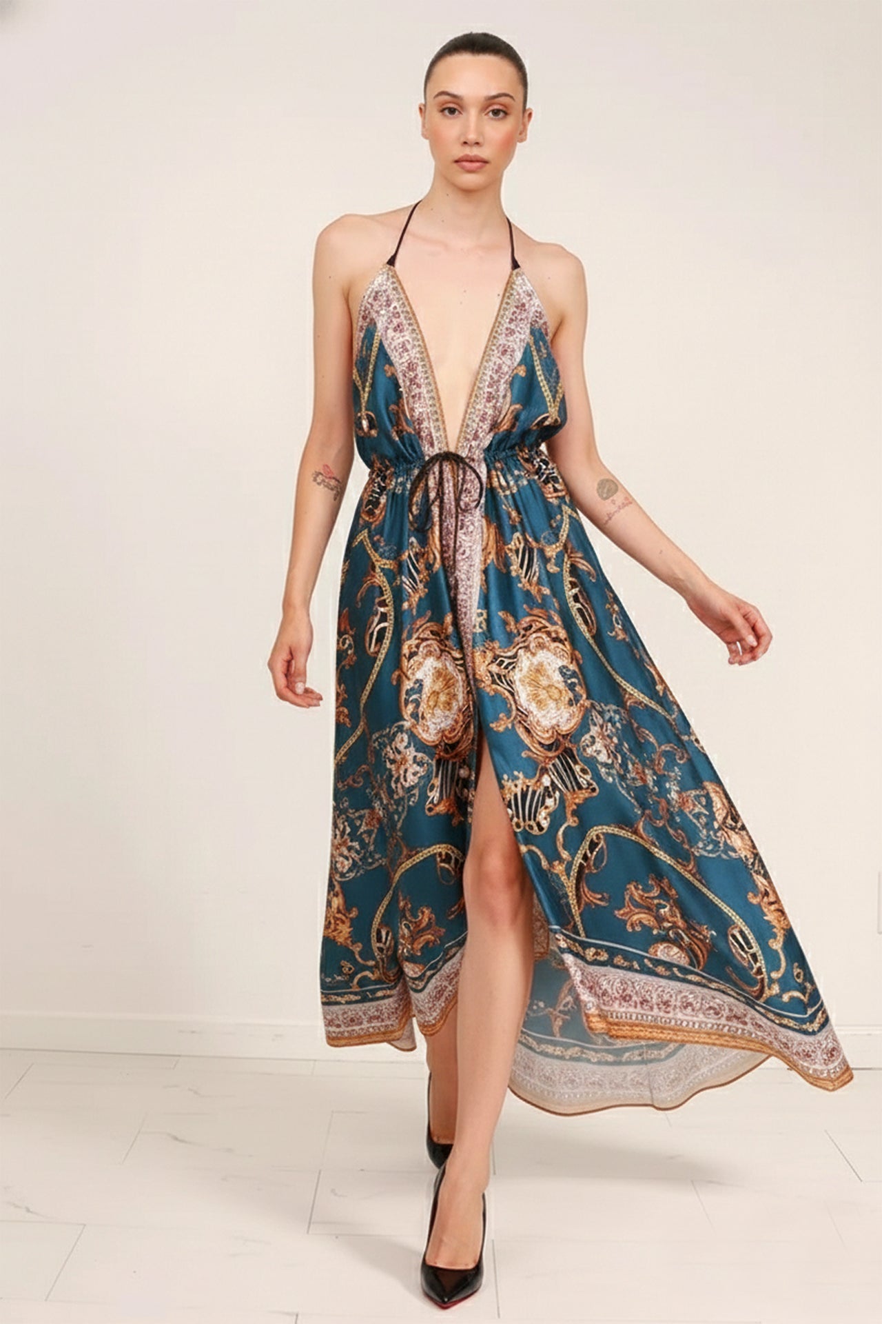 Blue Grey Baroque Scarf Print Halter Maxi Dress