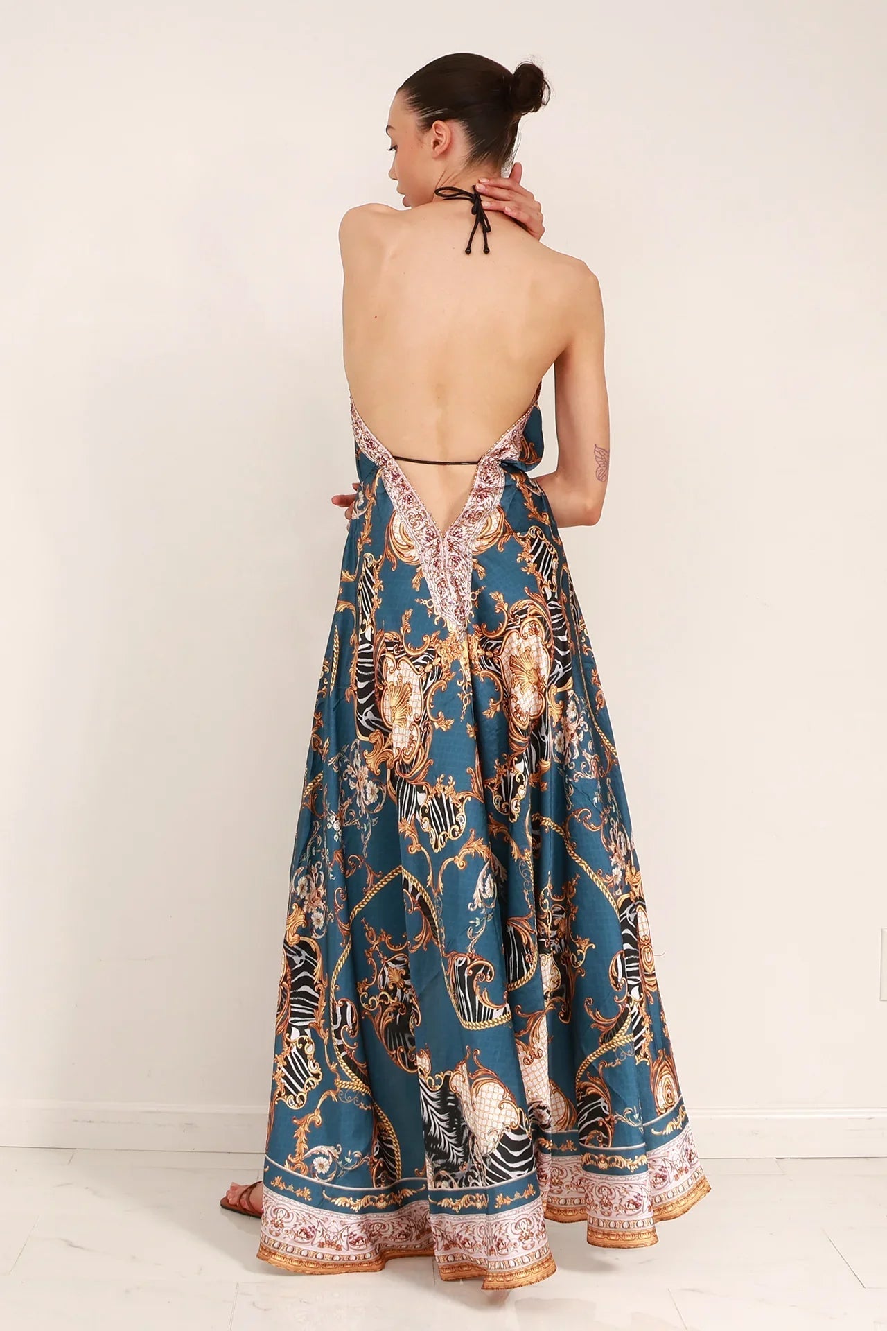 Blue Grey Baroque Scarf Print Halter Maxi Dress