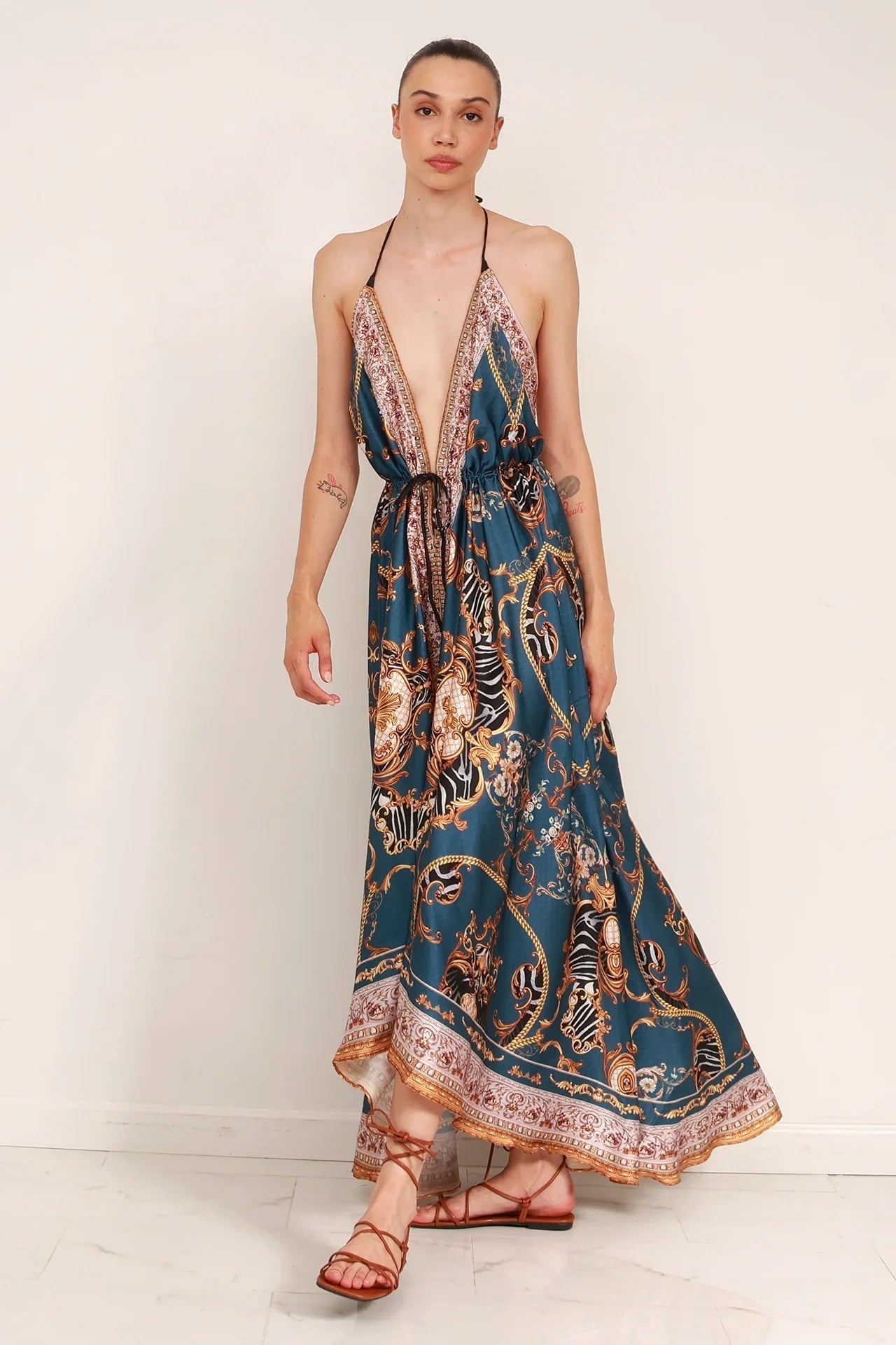 Blue Grey Baroque Scarf Print Halter Maxi Dress
