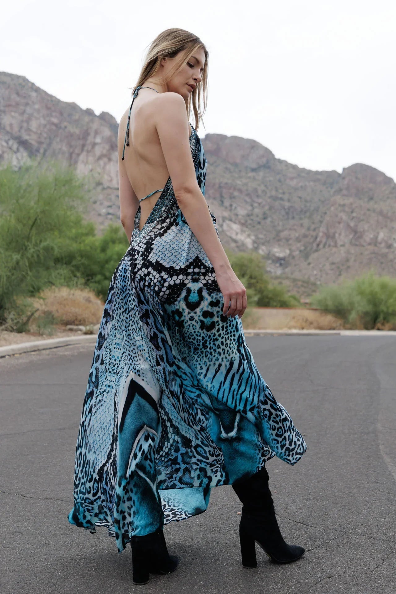 Blue Leopard Silk Scarf Maxi Dress