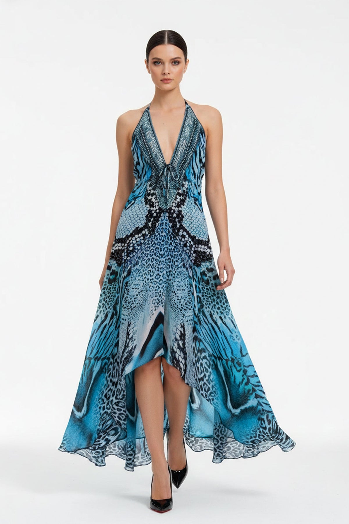 Blue Leopard Silk Scarf Maxi Dress