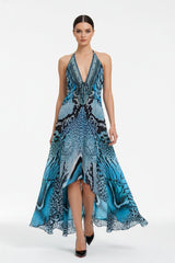 Blue Leopard Silk Scarf Maxi Dress