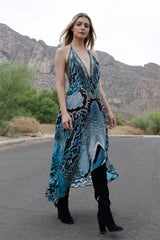 Blue Leopard Silk Scarf Maxi Dress