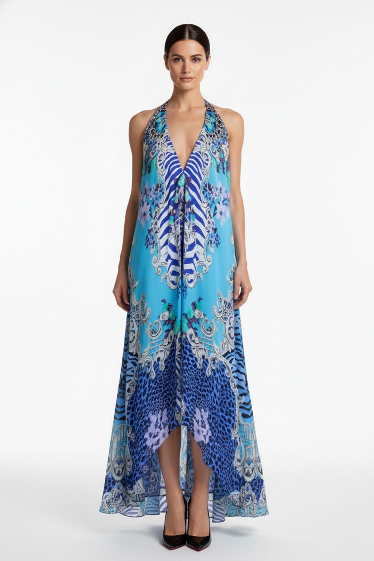 Aqua Blue Abstract Print Silk Scarf Maxi Dress