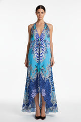 Aqua Blue Abstract Print Silk Scarf Maxi Dress