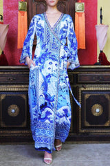 Blue Printed Wrap Maxi Dress with Long Sleeves