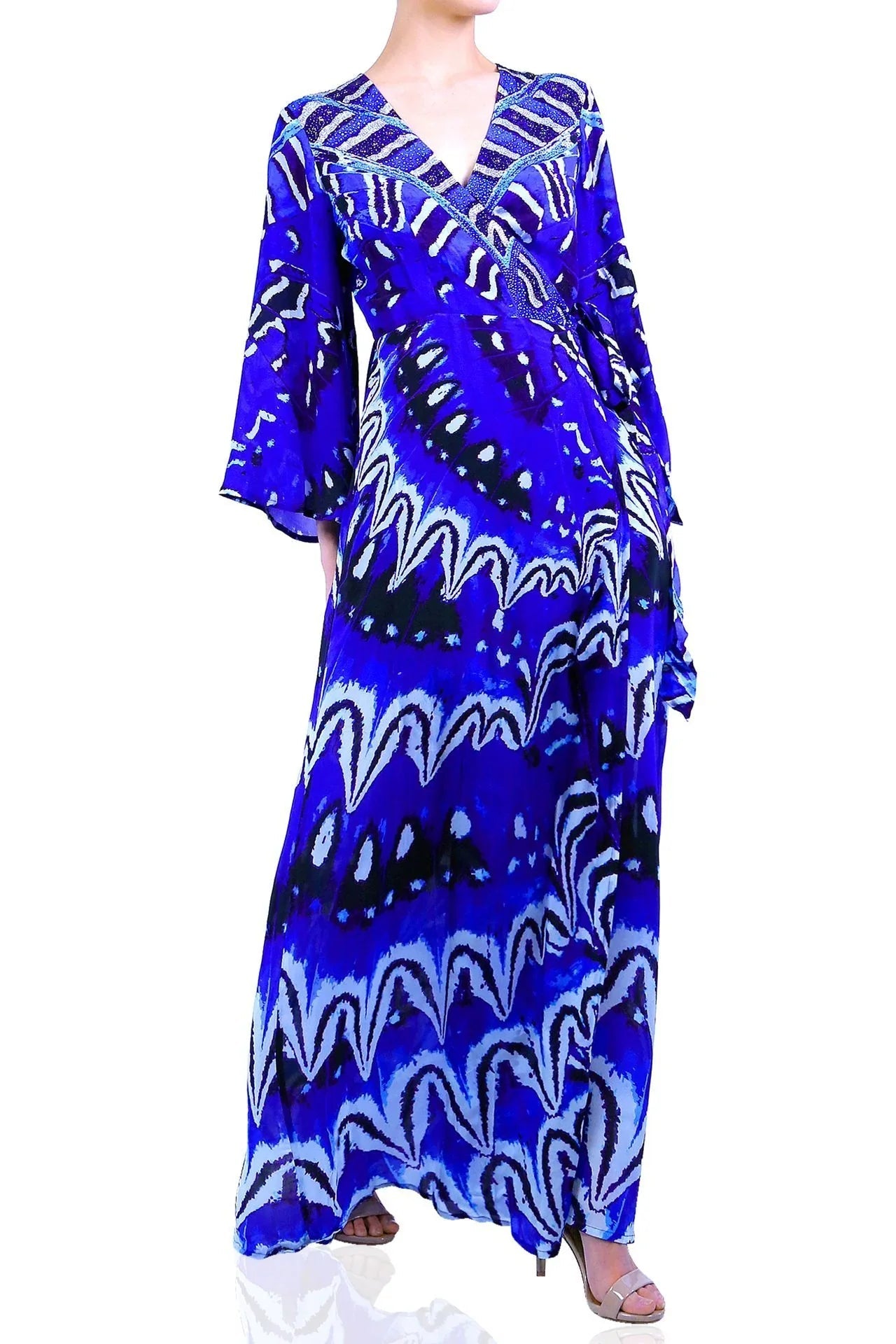 Blue Printed Wrap Maxi Dress with Long Sleeves