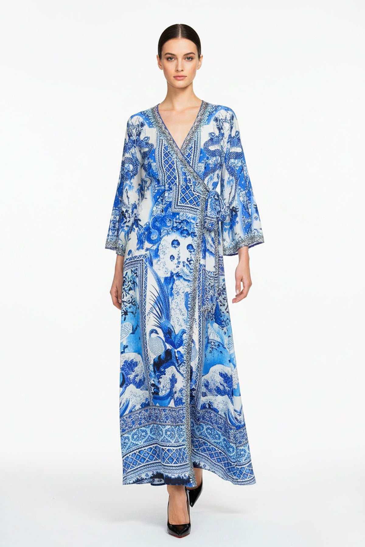 Blue Printed Wrap Maxi Dress with Long Sleeves
