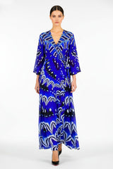 Blue Printed Wrap Maxi Dress with Long Sleeves
