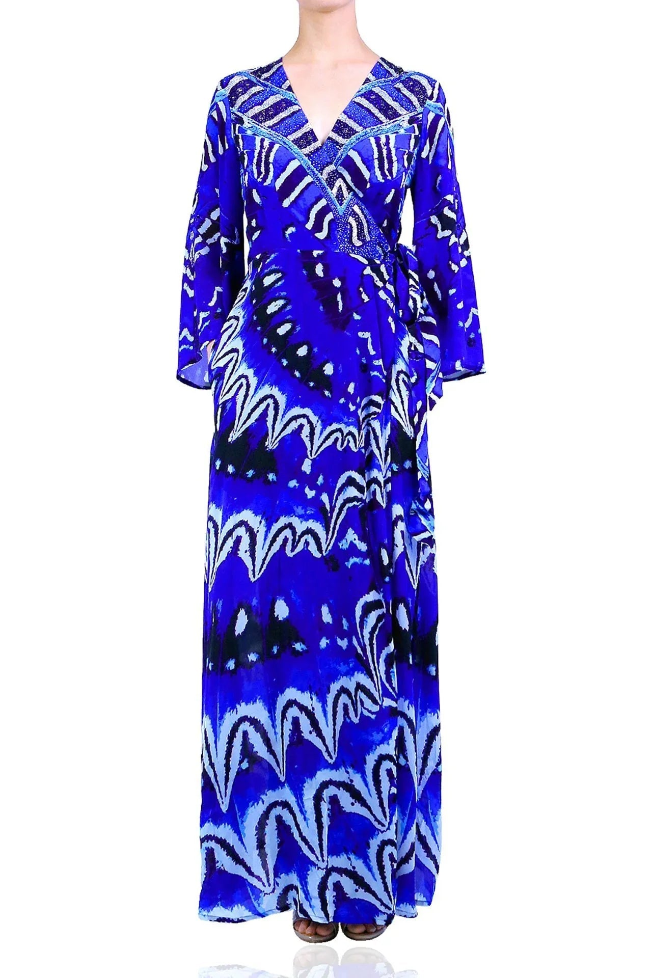 Blue Printed Wrap Maxi Dress with Long Sleeves
