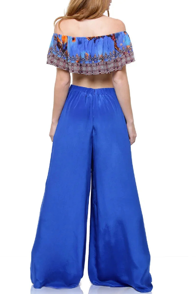 Blue Floral Bird Print Cold Shoulder Top