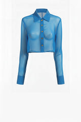 Blue Sheer Organza Cropped Shirt – Santorini Summer Sheer Top
