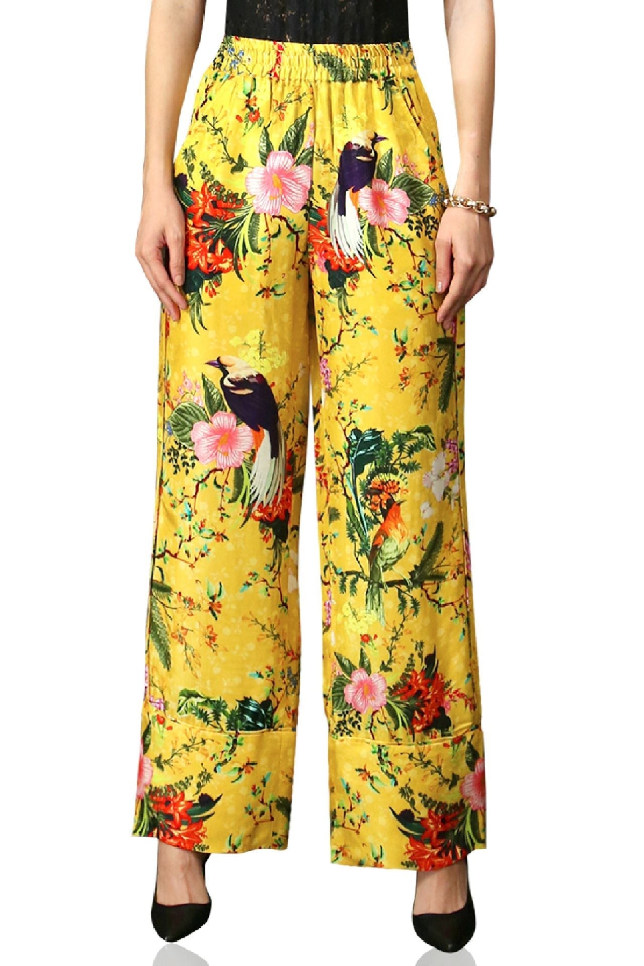 Bird Print Straight Leg Pants- Mellow Yellow