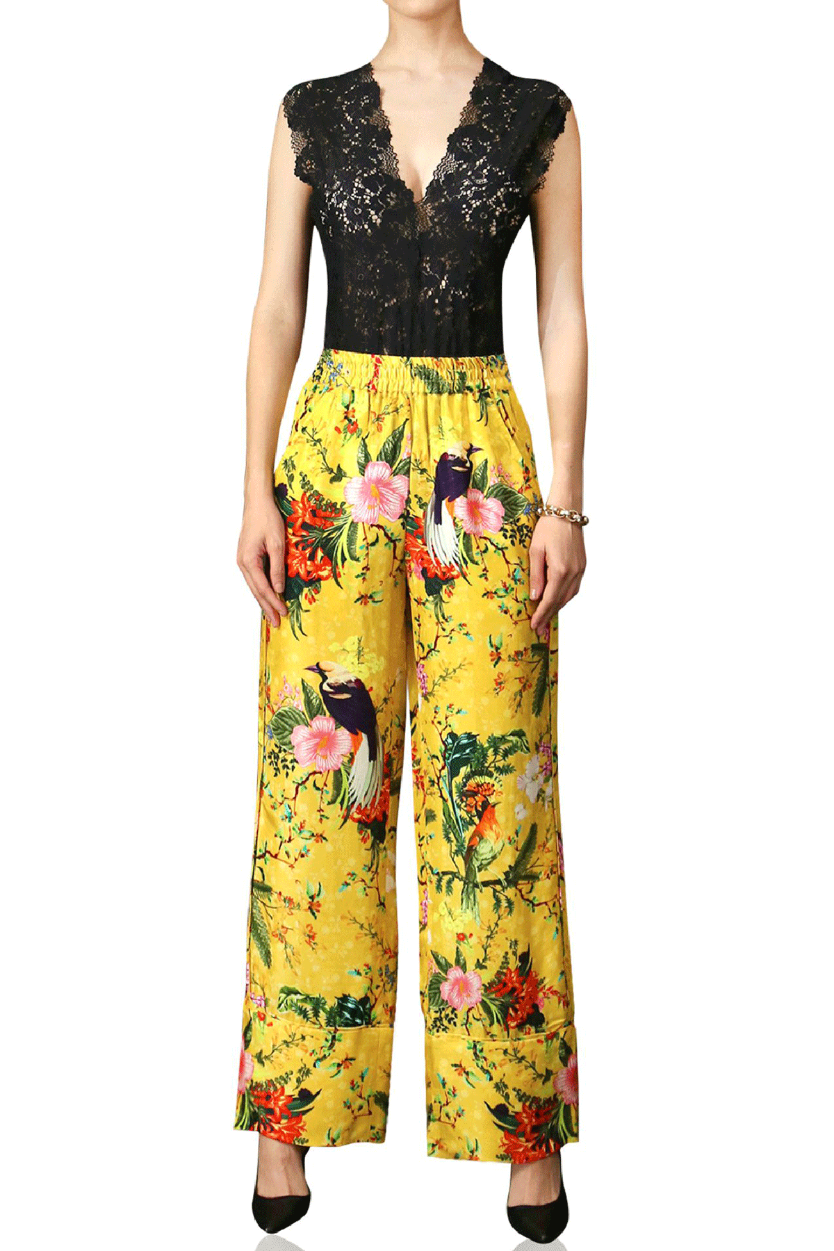 Bird Print Straight Leg Pants- Mellow Yellow