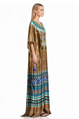 Blue & Gold Moroccan Palace Print Kaftan Maxi Dress