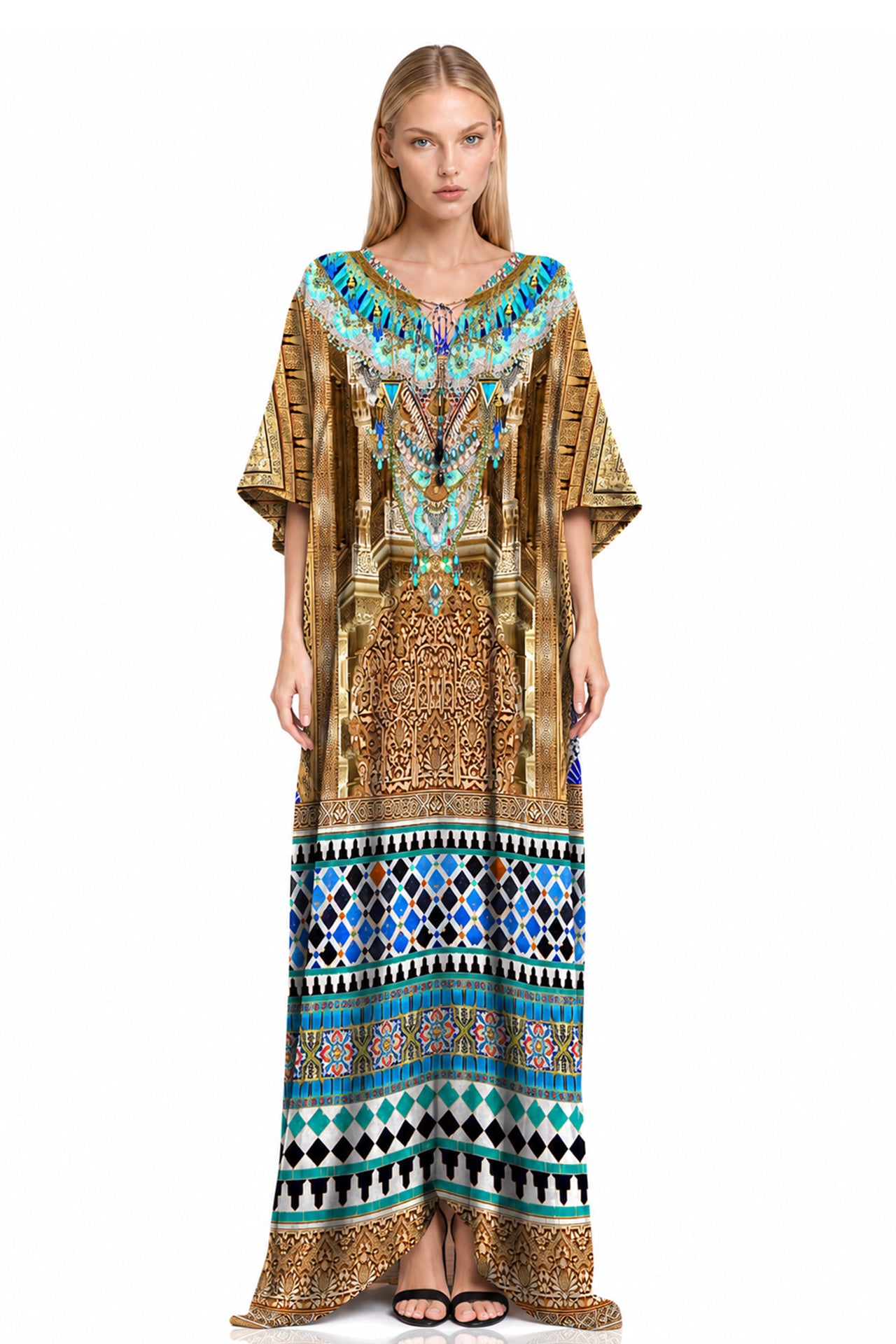 Blue & Gold Moroccan Palace Print Kaftan Maxi Dress
