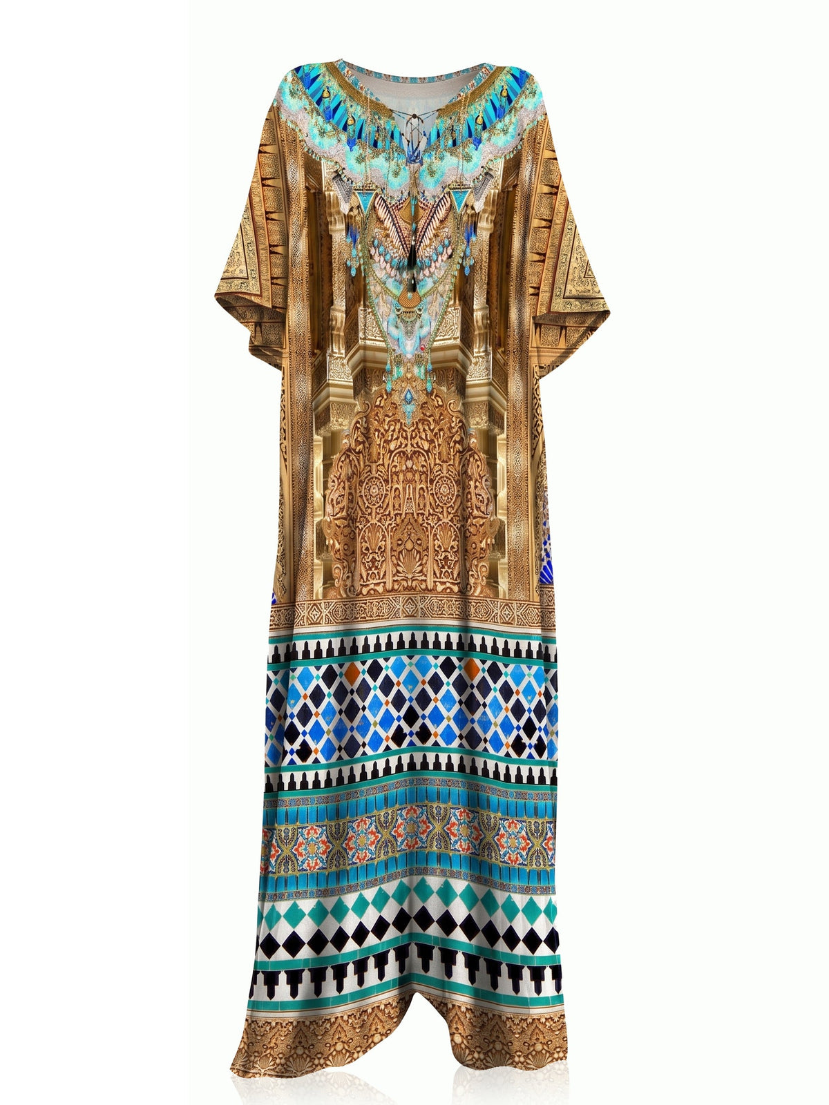 Blue & Gold Moroccan Palace Print Kaftan Maxi Dress
